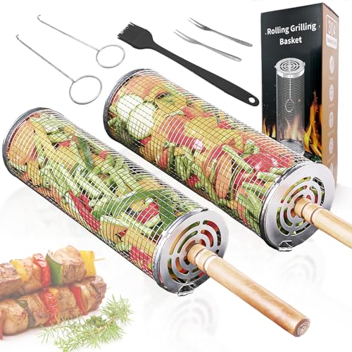 Bitlaintab Nesting Grill Baskets, Removable Wood Handles, Rolling Grill Baskets Set for Outdoor Grilling Vegetables, Seafood, and Meat, Thickened 304 Stainless Steel, Ideal for BBQ Enthusiasts and Camping Trips(2PC)