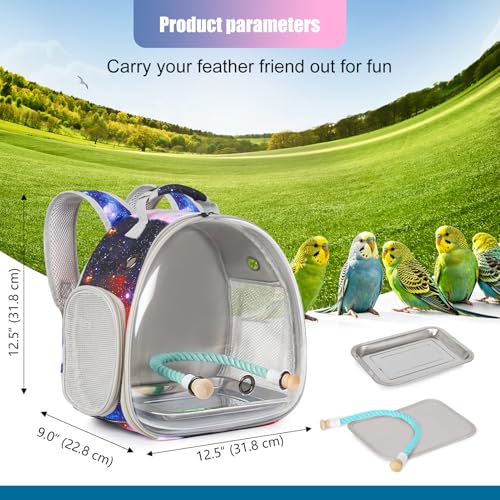Image of Small Bird Travel Carrier Backpack for Parakeet, Budgies, Cockatiel, Conure, with Clear Windows, Galaxy Print