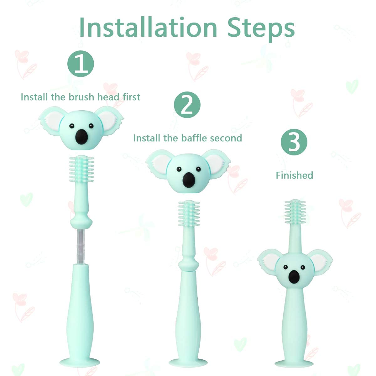 Vicloon Spazzolini da Denti per Bambini, Baby Spazzolino Massaggiagengive da Denti, 360° Silicone Morbido con Design Carino Koala, Dentizione Cure Orali per Bambini da 0 a 3 Anni (3 Pezzi), Verde