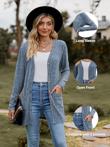 Famulily Frauen Langarm Open Front Cardigans, Button Down V Neck Leichte Outwear Pullover mit Taschen – Bild 6