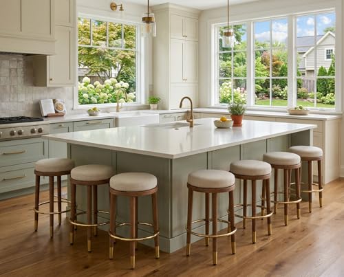 Butacos modernos rústicos sin respaldo de 26 pulgadas, juego de 4 unidades, asiento redondo acolchado y suave, taburetes de altura para barra con estructura de madera y reposapiés metálico dorado, tapizado en lino beige para isla de cocina miniatura 4