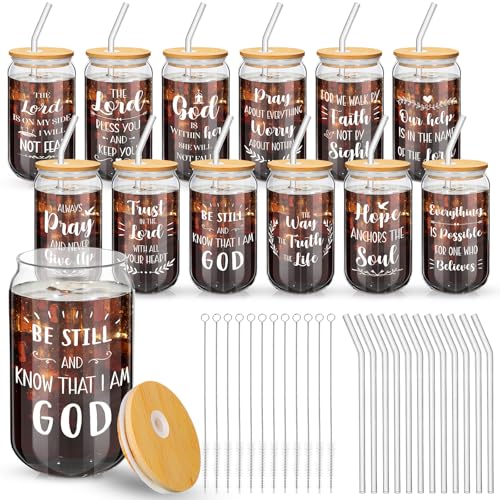 Suttmin 12 Pcs Christian Coffee Cups Bulk Fathers Day Church Gift Christian Gift Religious Glass Cups 16 oz Coffee Glasses with Bamboo Lid and Glass Straw Drinking Jar Birthday Gifts for Men(Cute)