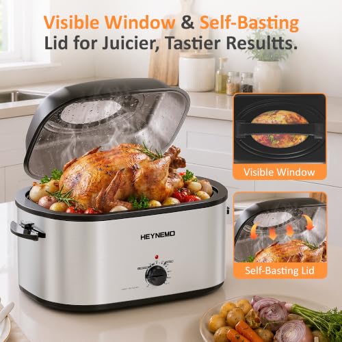 Image of 30 Quart Large Turkey Roaster with Defrost & Warm Functions, Electric Roaster Oven with Visible Self-Basting Lid, Adjustable Temperature Control, Removable Pan & Rack, Stainless Steel, Silver