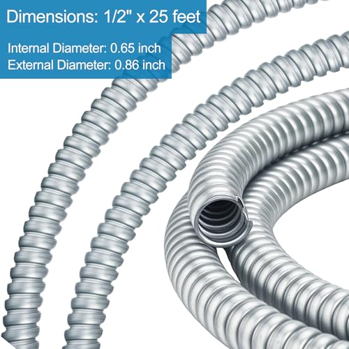 (1/2 inch-25 feet) eflyefly 1/2 Flexible Metal Electrical Conduit Kit,25 Feet of 1/2-inch Flexible Steel Conduit with 4 Pieces Couplings, 2 Pieces Elbows and 7 Pieces Strap
