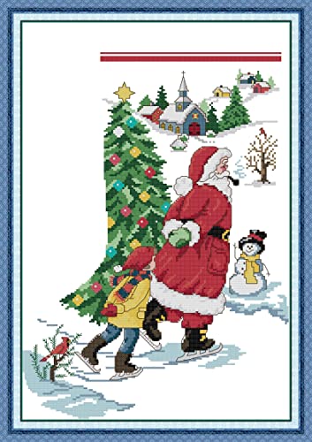 Image of Howie's Needlepoint Cross Stitch Kits, 14CT Pre-Printed Christmas Pattern Embroidery Kits, Full Range of Stamped Starter Needlework Kits (Ice-Skating Santa Claus, 13 x 18.5inch)