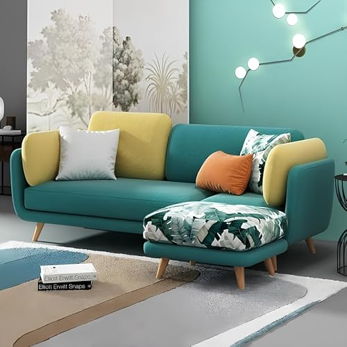 Image of Velvet Contemperory Sofa with Cushion Chaise Lounge Sectional Sofa Perfect for Living Room & Bedroom Guests Home & Office (Sky Blue 3+Stool)