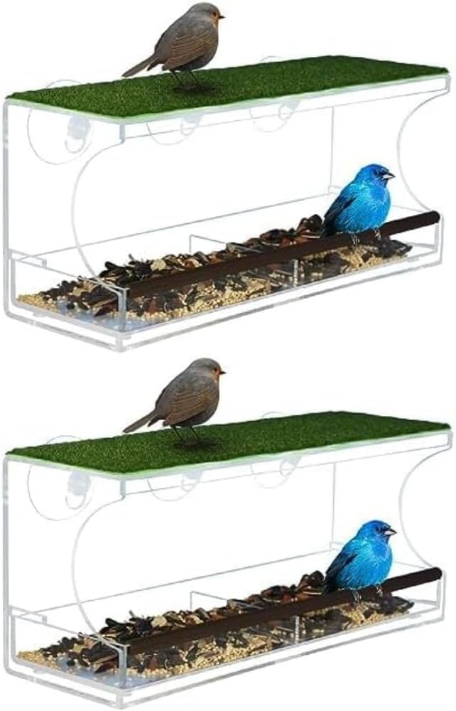 Pack of 2 Bird Feeders with Large Viewing Window - Three Strong Suction Cups for Birds with Artificial Grass - Drainage Holes, Detachable Large Seed Tray and Rubber Perch for Wild Birds