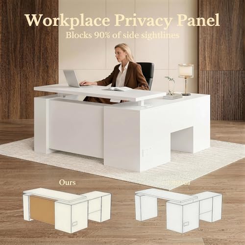 Image of 63 Inches L Shaped Standing Desk, Executive Standing Desk with Drawers and File Cabinet, AC /USB, 1.18 inch Desktop, Multi-Sized Storage Cubby, Privacy Panel, Fluted Computer Desk, White