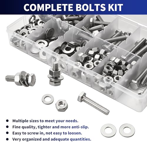 Image of 240Pcs 1 /4-20 Hex Head Screw Bolt and Nuts Set,1 /4-20 x5 /8 inch 3 /4 inch 1 inch 1-1 /4 inch 1-1 /2 inch 2 inch 2-1 /2 inchNuts and Bolts Assortment Kit with Flat Washers, Lock Washers,304 Stainless Steel 18-8,Fully Threaded