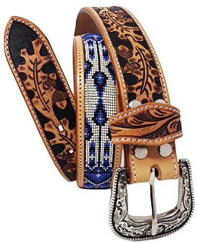 CHALLENGER Unisex 1.5" Western Floral Hand Tooled Beaded Full-Grain Leather Belt 26RT50B2