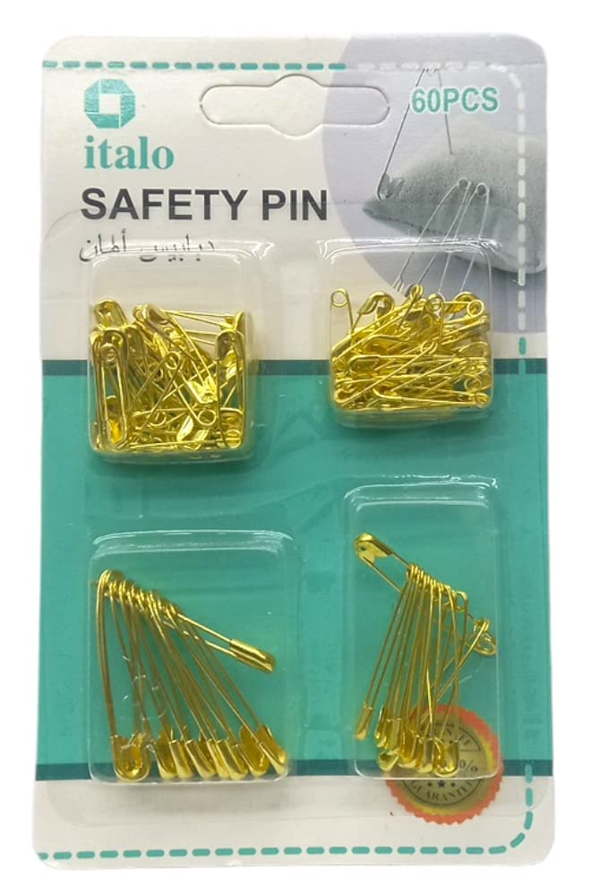 60 Piece Mix Size Safety Pin Set Gold Color General Purpose