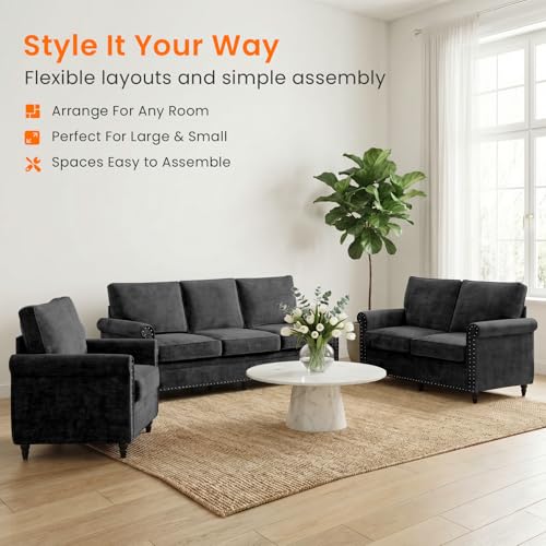 Image of ijuicy 3 PCS Sofa Set, Modern Chenille Living Room Couch Set, Black | Upholstered Sofa, Loveseat and Chair Living Room Furniture Sets with 6 inch Thicken Cushio, Nailhead Trim