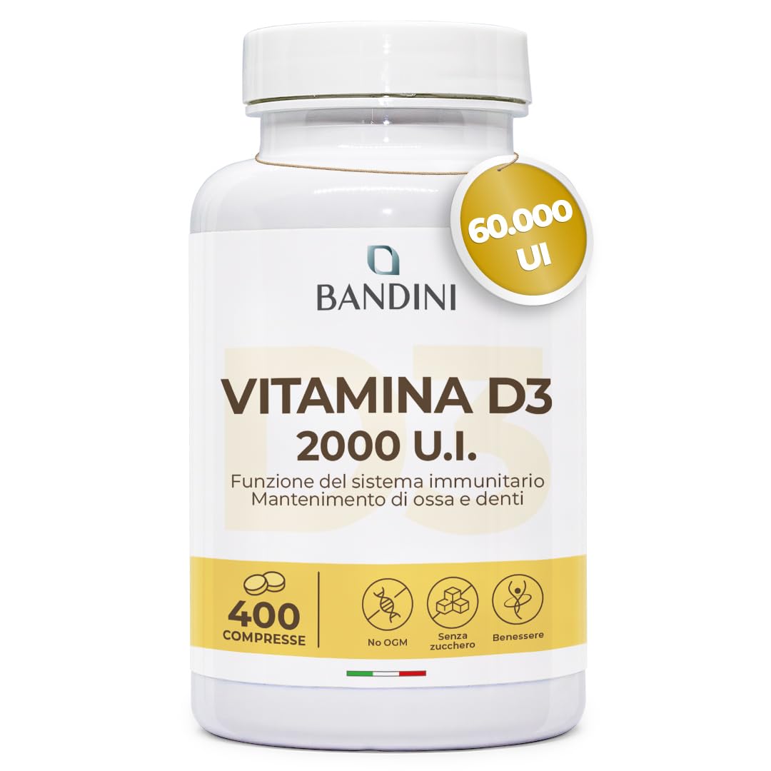 Bandini® Vitamina D 60.000 UI/mese 400 Compresse (+1 Anno), Difese Immunitarie, Salute di Ossa, Denti e Muscoli, Metabolismo del Calcio, 50 mcg di Colecalciferolo, Vitamin D3 Pura ad Alto Dosaggio
