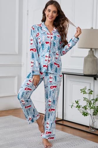 Image of LUBOT Christmas Pajamas for Women 100% Cotton Pajama 2 Piece PJ Set Soft Long Sleeve Button Xmas Print Loungewear XS-XXL