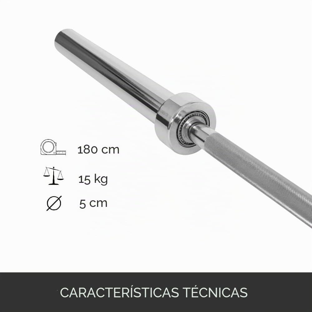 Barra olímpica de entrenamiento (180 cm, acero cromado, diámetro de 50 mm, sin pesos)