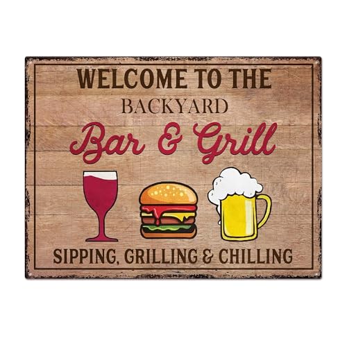 Artsy Woodsy Backyard Bar & Grill Tin Metal Sign, 12x16