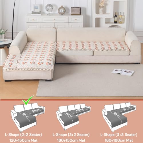 Image of HOKIPO Autumn Blossom L Shape (2+2 Seater) Sofa Seat Mat with Tassel| Quilted Sofa Cover Mat, 'Tassel Twigs' Series (IN-983-T5 + IN-984-T5)
