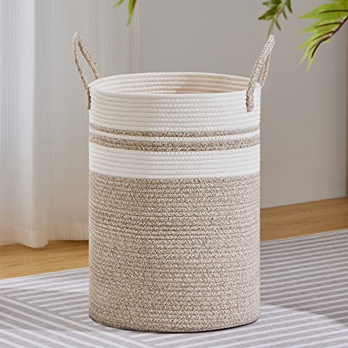 Image of VIPOSCO Large Laundry Hamper, Tall Woven Rope Storage Basket for Blanket, Toys, Dirty Clothes in Living Room, Bathroom, Bedroom - 72L Brown & White