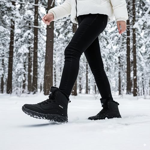 CC-Los Damen Winterstiefel Wasserdicht mit Warmem Kunstfellfutter, Rutschfeste Outdoor Knöchelstiefel für Schnee, Wandern und Kaltes Wetter | Schwarz 39