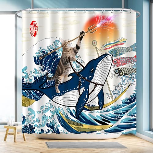 Image of Funny Cat Riding Whale Shower Curtain Set, Japanese Anime Sunset Ocean Waves Home Bathroom Decor, Polyester Cloth Fabric Bath Curtain with 12 Hooks 72 inch W x 72 inch L