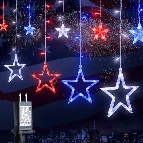 4th of July Patriotic Star Icicle Lights,8.2ft 126LED red White a...