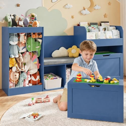 Image of VortinT 68.9"W Reading Nook, Kids Bookshelf, Toy Storage Organizer, Removable Building Baseplate Lid for Lego, Rolling Drawers, Stuffed Animal Storage, Bench and Removable Cushions for Playroom(Blue)