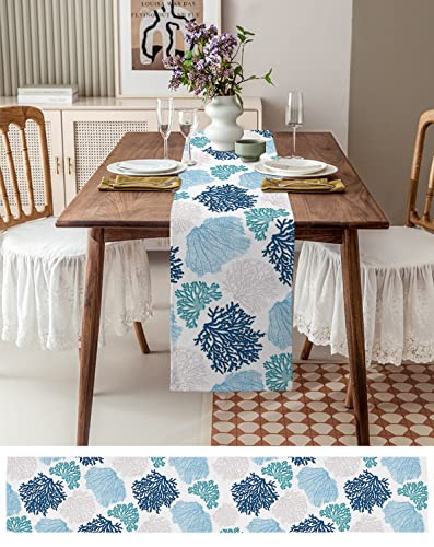 Blue Teal Coral Table Runner 48 Inches, Summer Beach Coastal Modern Geometric Bed Runner Dresser Scarves Tabletop For Indoor Outdoor Parties/Ceremony/Banquet, 13" X 48" #TOP2