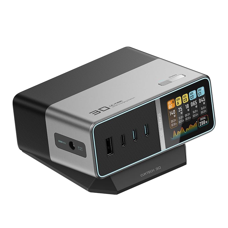 CUKTECH Estación de carga múltiple GaN de 5 vías Ultra 300 W, pantalla LCD, cargador rápido, cargador USB-C, cargador de escritorio, compatible con computadora portátil, MacBook, Dell XPS, iPad