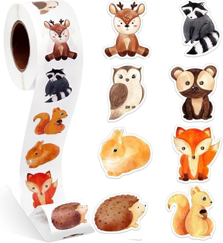 Autocollants pour enfants - 500 pcs Autocollants ronds d'animaux - Autocollants de récompense - Autocollants d'animaux de la forêt - Rouleau d'autocollants...