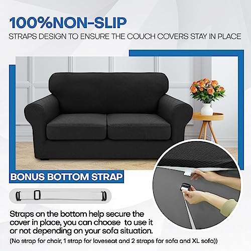 XINEAGE 2025 New 4 Pieces Extra Large Couch Covers for 3 Cushion Sofa Super Stretch Sofa Cover for 3 Large Seat Cushion Universal Fitted Slip Cover for Living Room (Black), 91"-110"(3 Cushions)