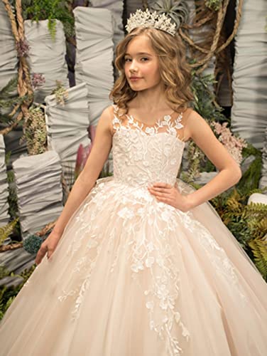 Girl's Pageant Dress Long Tulle Flower Girl Dresses Sleeveless Appliques Kids Ball Gown Prom for Wedding Party4