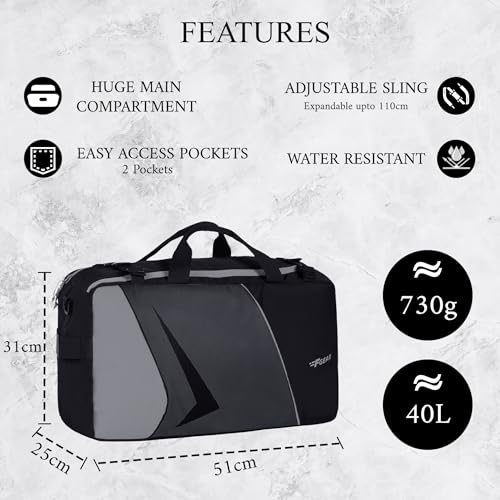 Image of F Gear Marco Gry Black 40L Duffle Bag |Huge Main Compartment|2 Easy Access Pockets|Travel Duffle |Lightweight |Tourist Bag|Foldable & Detachable Shoulder Strap |Water Resistant for Women & Men Adults