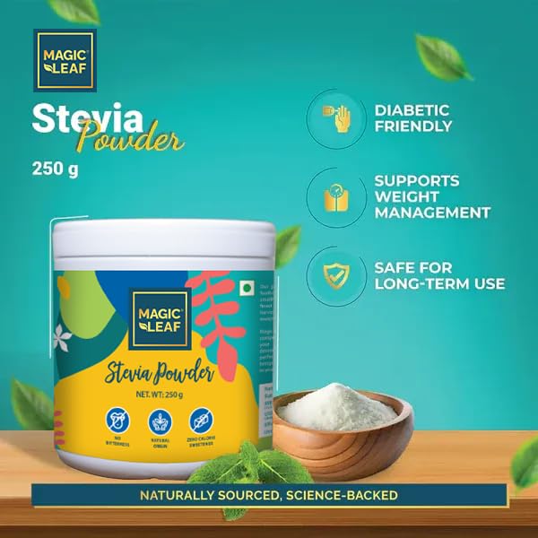 Magic Leaf Sugar Free Stevia Powder, 250 gms, Natural Origin Sweetener, Zero Calorie for Health Management, 99.9% REB-A Purity, Diabetic Friendly Sugar Substitute 1