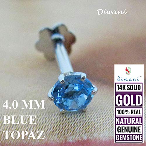 Diwani 14K Gold 4.0Mm Natural Blue Topaz Gemstone Engagement Wedding Nose Lip Labret Monroe Body Piercing Ring Stud Pin Screw (0.230 Cents, Color- Blue) 18 Gauge Thick 8.0Mm Length Screw Back Post #TOP2