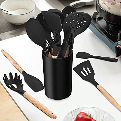 Lianyu 15-Piece Kitchen Silicone Cooking Utensils Set With Holder, Wooden Handle Kitchen Tools Include Spatula Tong Slotted Spoon Turner Whisk Brush, Black #TOP5