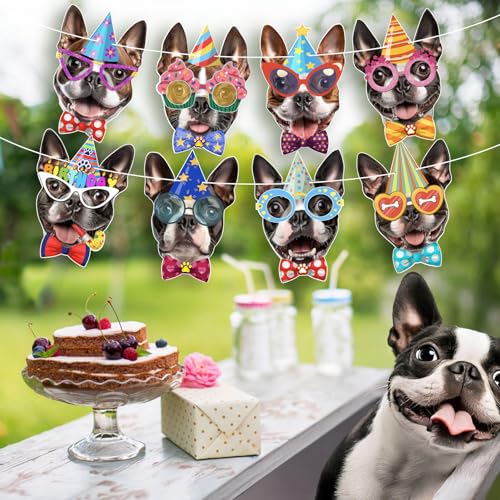 Image of Boston Terrier Birthday Garland - Photographic Boston Terrier Faces Birthday Banner, Funny American Gentleman Bday Party Decoration for BostonTerrier Lovers, Easy Assembly