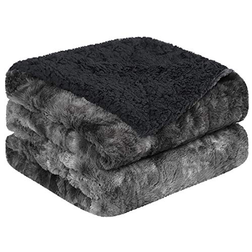 PiccoCasa Luxury Shaggy Faux Fur Blanket Twin Size - Soft Warm Reversible Tie-dye Sherpa Throw Blanket for Sofa, Couch and Bed - Plush Fluffy Fleece Blankets as Gifts 60 x 80 Inch Black