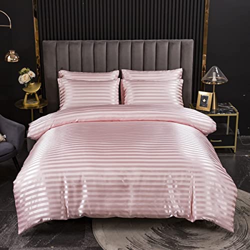 Loussiesd 2 Piece Satin Duvet Cover Single Size Luxury Silk Like Satin Bedding Sets Super Soft Stripes Hidden Zipper Closure Bedding & Linen Reversible Wrinkle(Pink, Single)