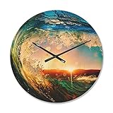 DesignQ Orologio da parete moderno in legno con onde colorate che cadono al tramonto