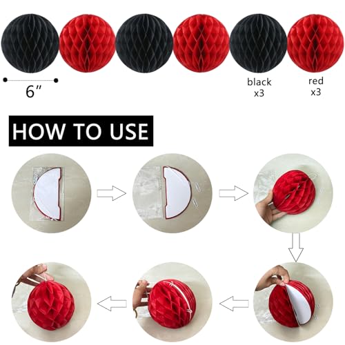 Image of Black & Red Birthday Party Decorations - Happy Birthday Banner, Honeycomb Balls, Star Streamers, Circle Dots, Triangle Flags Bunting