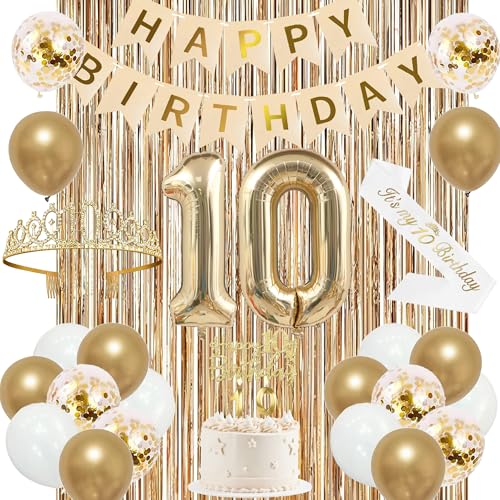 Image of Trgowaul 10th Birthday Decorations for Girls, Banner, Sash and Crown, Cake Topper, 10 Number Balloon, Fringe Curtains, Champagne Gold 10th Birthday Party Supplies