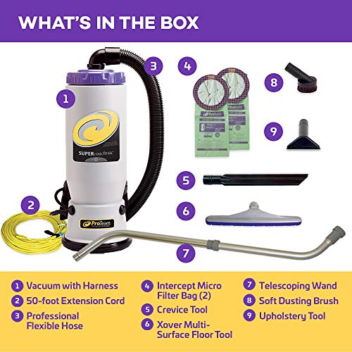 Proteam Backpack Vacuums, Super Quartervac Commercial Backpack Vacuum Cleaner With Hepa Media Filtration And Telescoping Wand Tool Kit, 6 Quart, Corded (Renewed) #TOP1