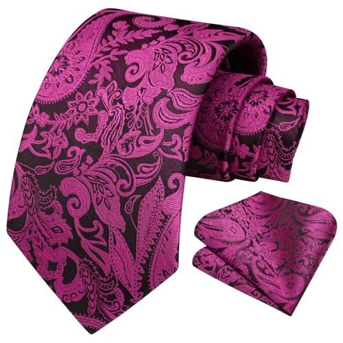 Image of HISDERN Extra Long Ties for Men Classic Floral Tie and Pocket Square Elegant Silk Necktie Handkerchief Set Wedding Party