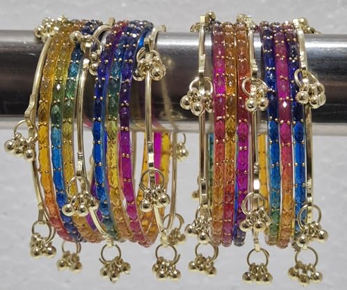 Image of kashmiri ghangharoo glass bangle Set For Women And Girls | Light Weight Bangles | Traditional Transparent Fancy Glass Chudi Set for Wedding, Party (18 Bangles)