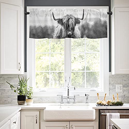 Litter Star Window Valance Rod Pocket Panel For Kitchen Bedroom Windows Funny Farm Yak Highland Cow Valances Short Curtain Bathroom Treatment Drapes Black And Gray Animal Portraits #TOP1