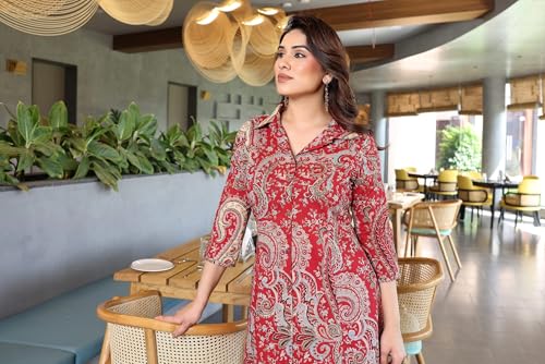 Image of Women's Red Printed A-Line Kurta with Pant Set | Soft Rayon Fabric | Stylish Collar Neck & 3 /4 Sleeves | Kurti Set