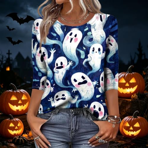 Image of Women Spooky Halloween Graphic Shirt 3 /4 Length Sleeve Crewneck Top | Halloween Funny Printed Pumpkin Plus Size Tshirts 2026 Fall Outfits Skeleton Tee Going Out Tops