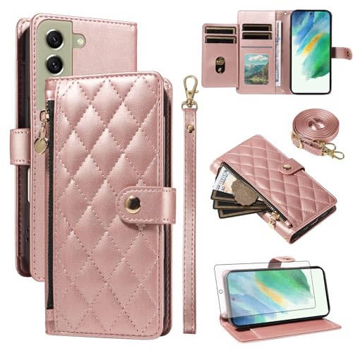 Étui fermeture éclair Samsung Galaxy S21 FE 5G antichoc avec fente cartes et dragonne femme
