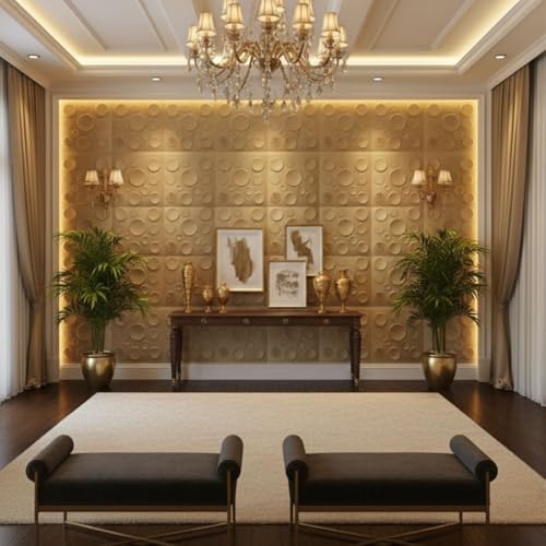Image of Kayra Decor 3D PVC Wall Panels - Circle Embossed Design, Gold Color, 19.7 inch x 19.7 inch (Pack of 12) | Covers 32.28 Sq. Ft. |