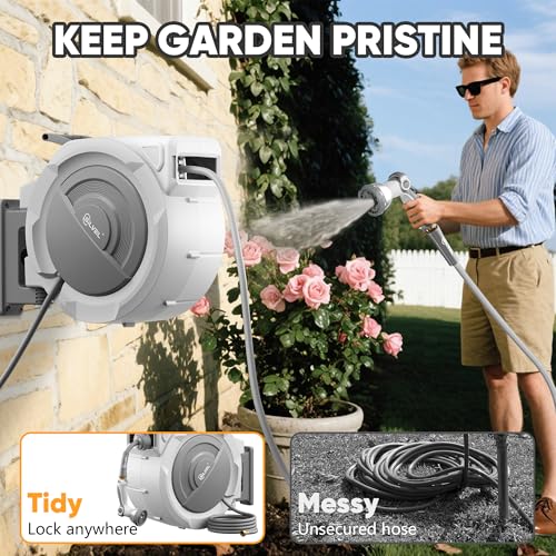 Image of SILVEL Retractable Garden Hose Reel, 1 /2 in x 115ft Wall Mount Heavy Duty Automatic Hose Reel with 10 Pattern Nozzle, Any Length Lock & Slow Return System, 180Swivel Bracket Upgraded UV Resistant
